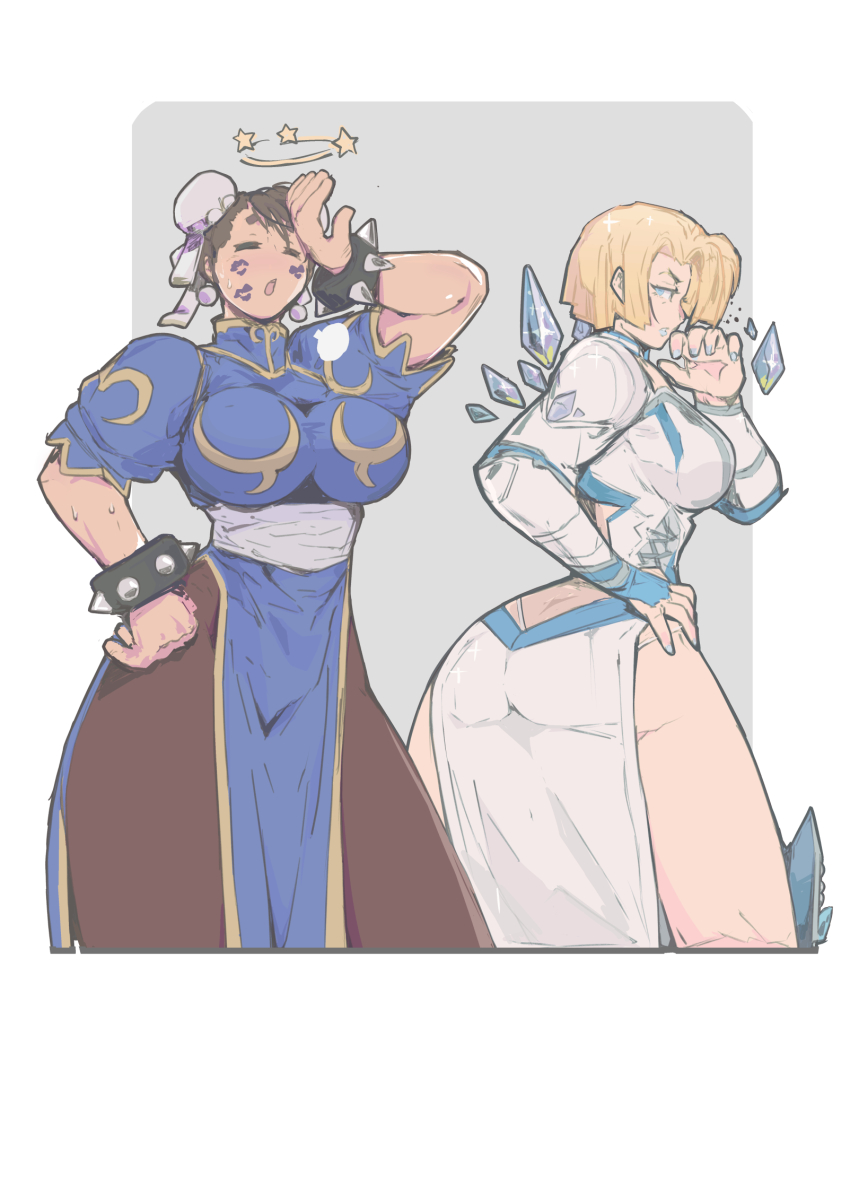 2girls 7_passes ass blue_lips breasts capcom chun-li emma_frost highres large_breasts lipstick_mark lipstick_mark_on_face marvel marvel_rivals multiple_girls street_fighter x-men yuri