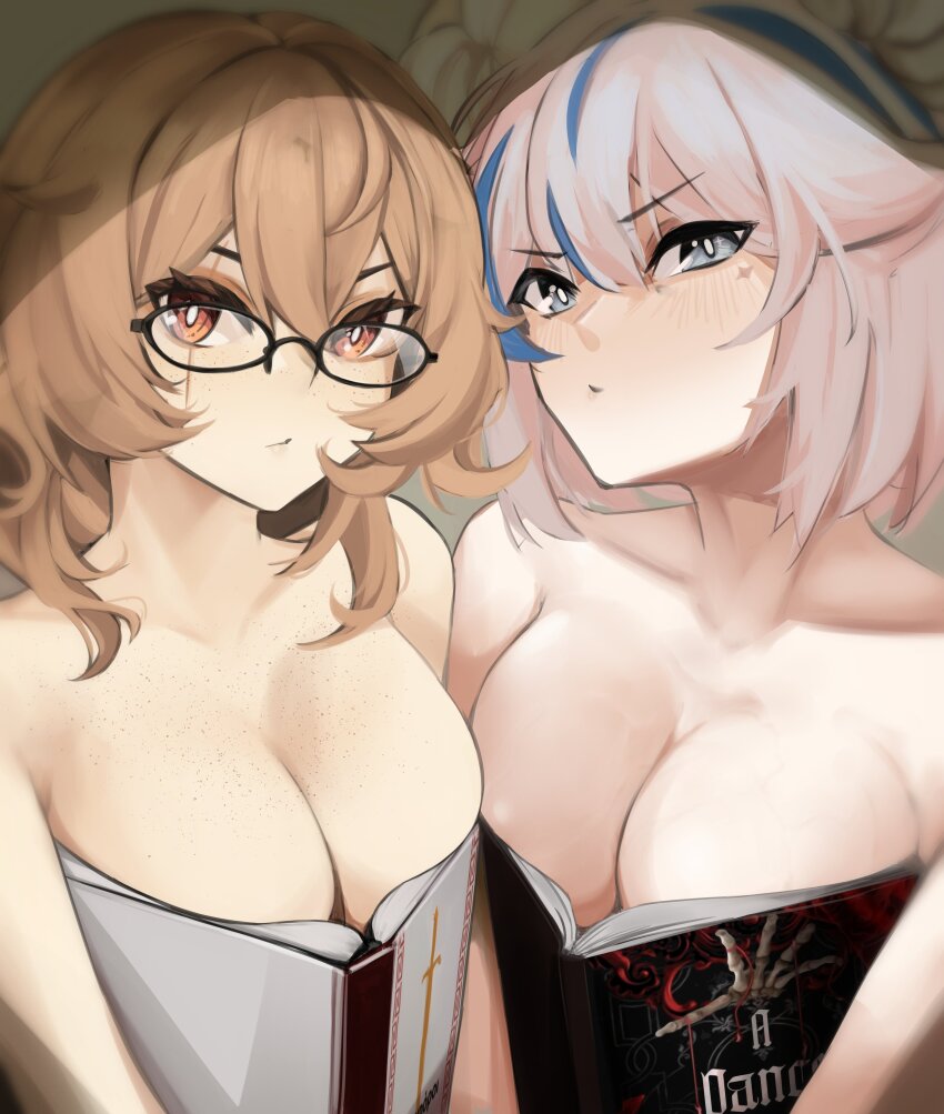 2girls absurdres alternate_breast_size blue_hair body_freckles boobs_in_book_(meme) book breasts brown_eyes brown_hair cleavage clio_aite collarbone freckles glasses grey_eyes highres indie_virtual_youtuber kaneko_lumi large_breasts meme multicolored_hair multiple_girls open_book phase_connect pupi_(rain_prophet) scar scar_across_eye scar_on_face streaked_hair virtual_youtuber white_hair