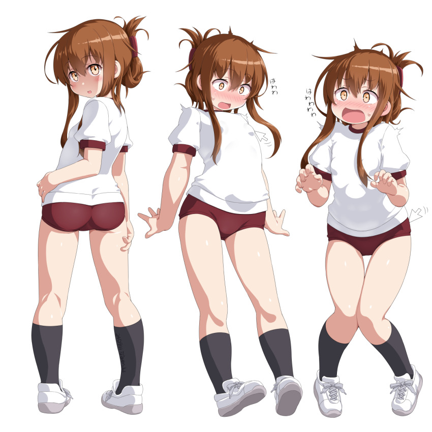 1girl ass blush brown_hair buruma dd_(ijigendd) flat_chest folded_ponytail full_body gym_uniform highres inazuma_(kancolle) kantai_collection long_hair looking_at_viewer looking_back multiple_views open_mouth shoes simple_background smile sneakers surprised white_background yellow_eyes