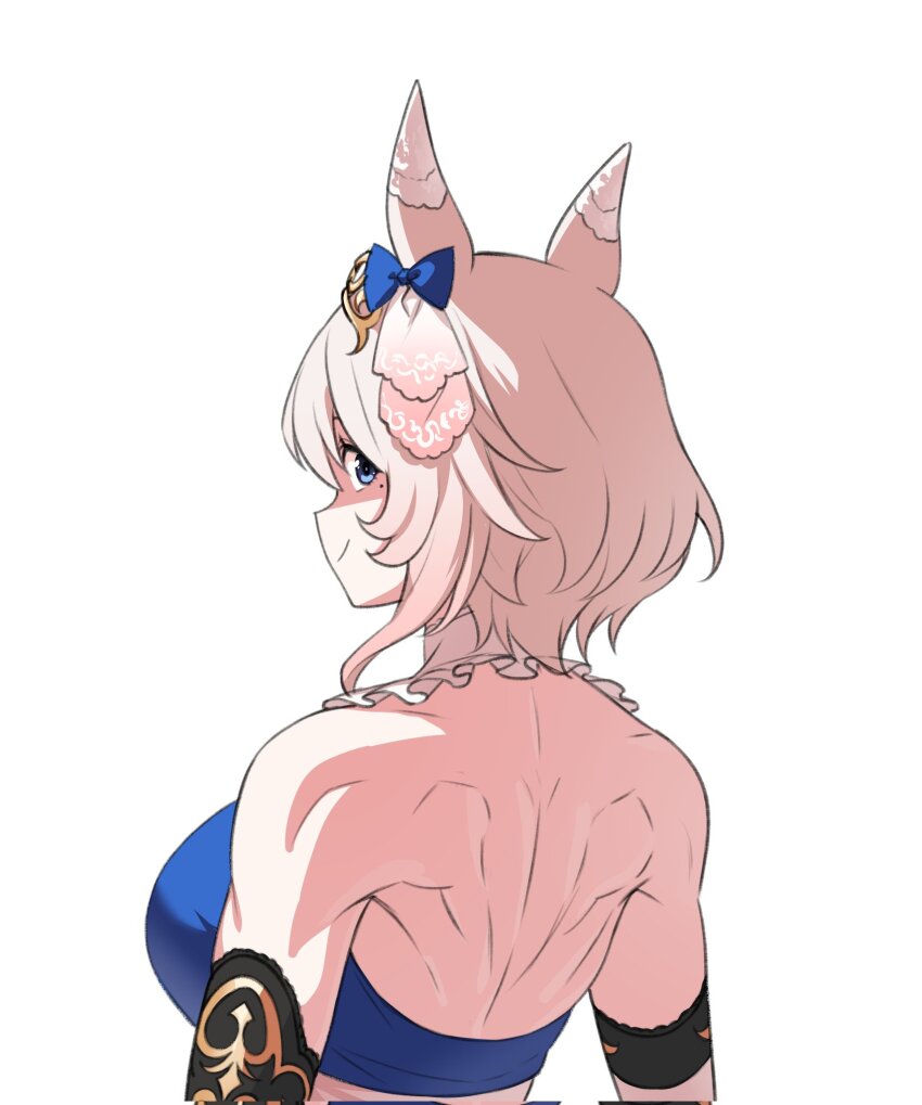 1girl animal_ears bare_shoulders blue_bow blue_eyes bow commentary_request ear_bow ear_covers ear_ornament fukuro_(maruaru00) gradient_hair highres horse_ears horse_girl looking_at_viewer looking_back median_furrow mole mole_under_eye multicolored_hair muscular muscular_female original personification pink_hair short_hair shoulder_blades simple_background smile sodashi_(racehorse) solo umamusume upper_body white_background white_hair
