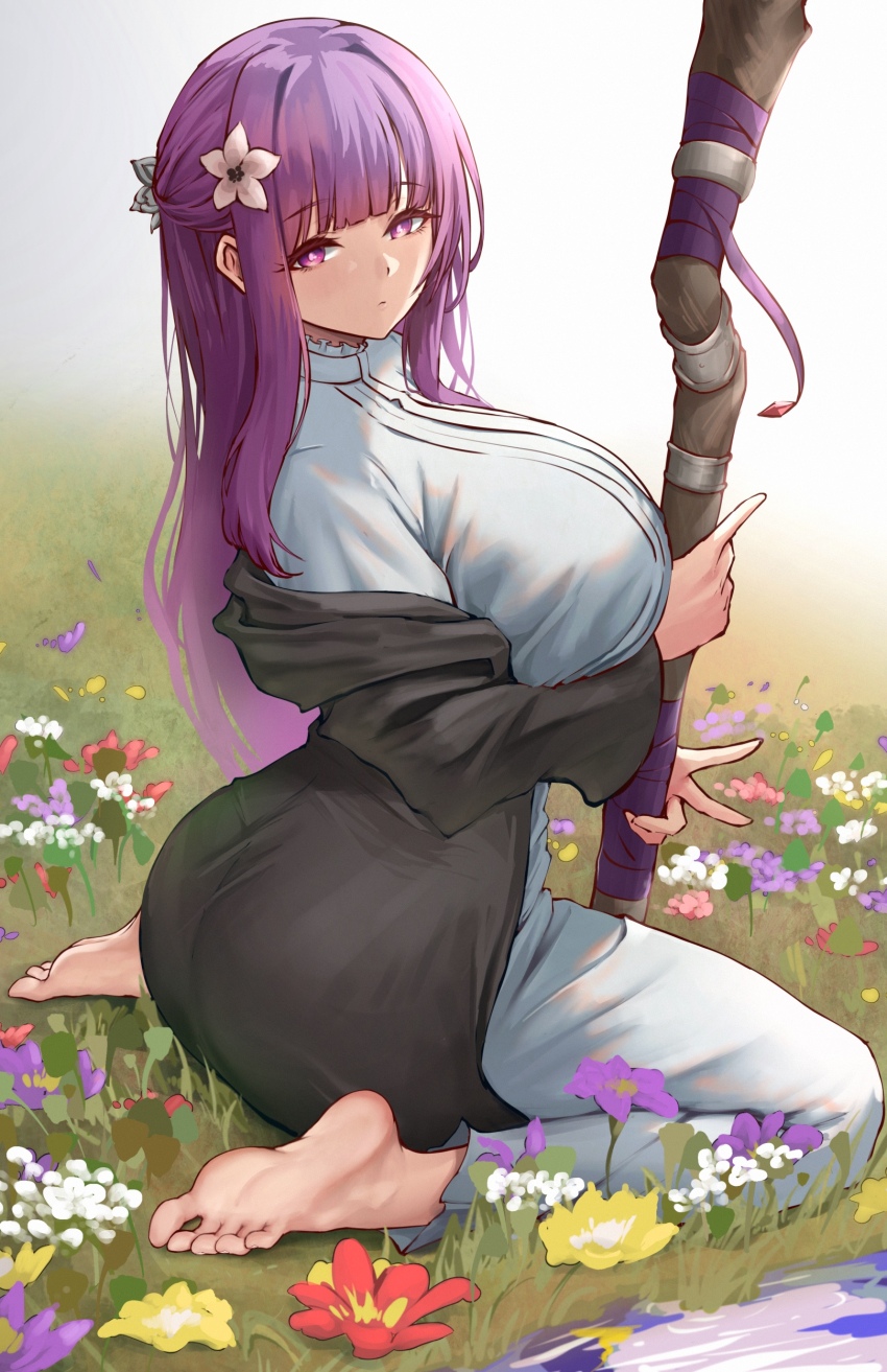 1girl absurdres armeria barefoot black_robe breasts bright_pupils commentary dress feet fern_(sousou_no_frieren) field flower flower_field hair_flower hair_ornament highres holding holding_staff huge_breasts long_hair looking_at_viewer looking_to_the_side outdoors purple_eyes purple_hair robe sitting soles solo sousou_no_frieren staff toes v very_long_hair wariza white_dress white_pupils