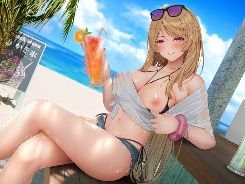 1girl absurdres beach bench bikini black_bikini blonde_hair blue_shorts blue_sky bracelet breasts cloud collarbone crossed_legs cup day denim denim_shorts drinking_straw dutch_angle eyewear_on_head food fruit grin highleg highleg_bikini highres holding holding_cup horizon jewelry large_breasts looking_at_viewer navel nipples nmokhahi non-web_source ocean orange_(fruit) orange_slice original outdoors palm_tree purple_eyes see-through_clothes see-through_shirt shirt short_shorts shorts sitting sky smile solo sunglasses swimsuit t-shirt teeth thighs tied_shirt tree wet wet_clothes wet_shirt white_shirt