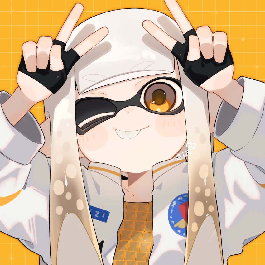 1girl :p black_gloves brown_hair brown_pupils double_v fingerless_gloves gloves gradient_hair grid_background highres inkling inkling_girl inkling_player_character jacket long_hair looking_at_viewer multicolored_hair nintendo one_eye_closed open_clothes open_jacket sabata_saba simple_background solo splatoon_(series) splatoon_3 tentacle_hair thick_eyebrows tongue tongue_out two-tone_hair upper_body v white_hair white_jacket yellow_background yellow_eyes