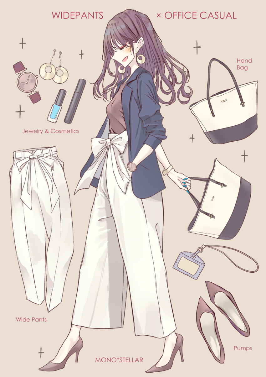 1girl bag brown_hair cosmetics earrings fashion full_body hand_in_pocket handbag high_heels highres holding holding_bag id_card jacket jewelry lipstick_tube long_hair nail_polish no_socks open_clothes open_jacket original pants pumps standing stiletto_heels sun_(sunsun28) watch white_pants wristwatch