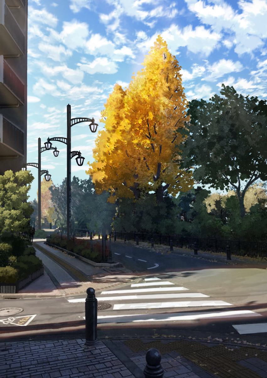 absurdres autumn_leaves blue_sky building city cloud day highres lamppost leaf no_humans original outdoors road scenery shade sky street sumassha_t_t tree