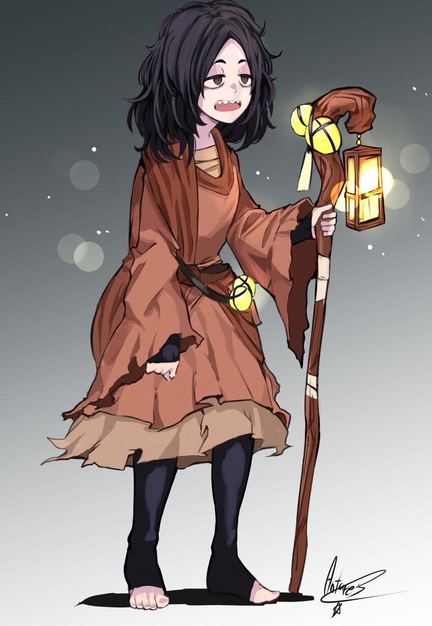 1girl absurdres antares_topaz bags_under_eyes bandaged_object black_hair character_request commission empty_eyes feet gloom_(expression) gradient_background grey_background grey_eyes highres holding holding_staff lantern lens_flare long_sleeves medium_hair messy_hair open_mouth original pale_skin sharp_teeth signature solo staff teeth toeless_legwear toenails toes torn_clothes upper_teeth_only white_background