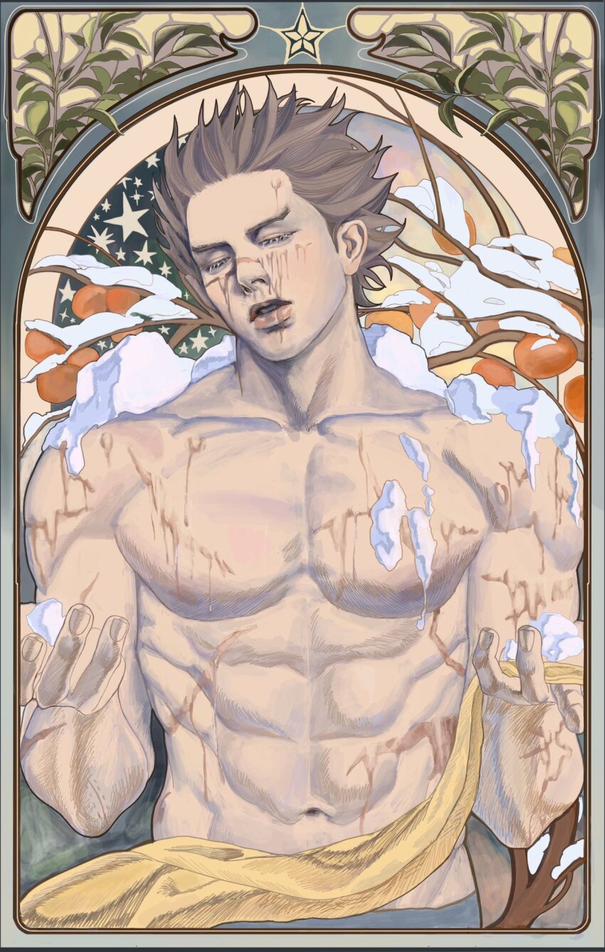 1boy abs branch brown_hair closed_eyes commentary_request dirty dirty_face golden_kamuy highres holding holding_unworn_clothes holding_unworn_scarf longwandb male_focus muscular muscular_male navel open_hands parted_lips scarf snow solo star_(symbol) sugimoto_saichi topless_male unworn_scarf yellow_scarf