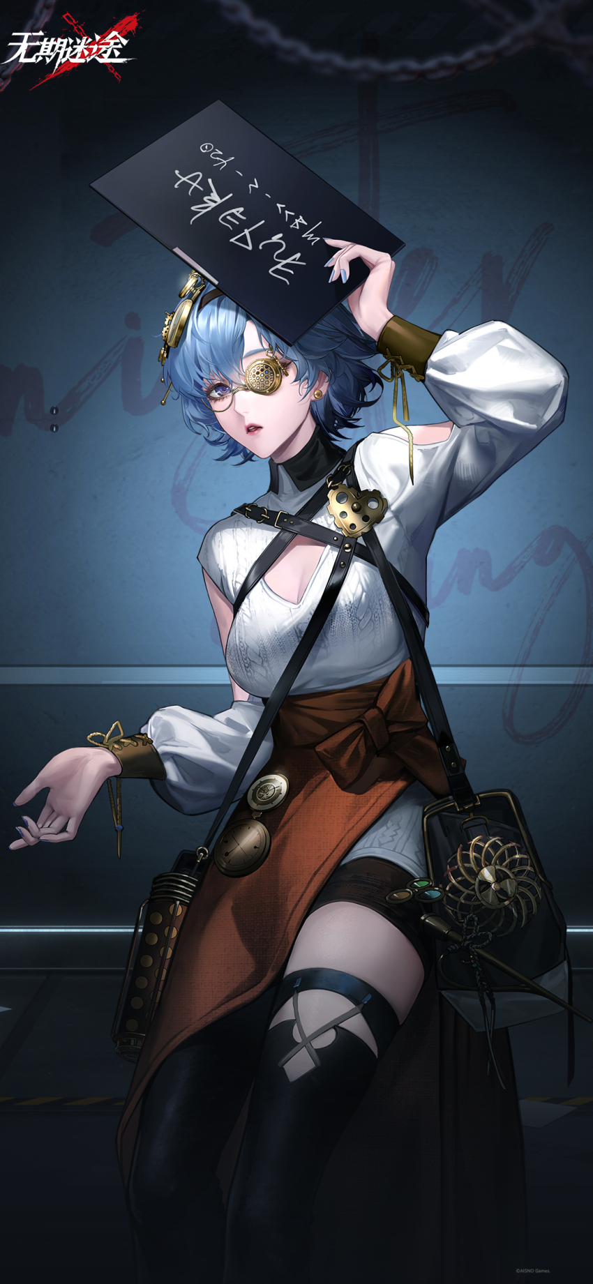 1girl absurdres against_wall arm_up bag bare_shoulders black_bag black_boots black_shorts blue_hair blue_nails boots breasts chain character_name cleavage cleavage_cutout clothing_cutout copyright_name earrings eureka_(path_to_nowhere) eyepatch feet_out_of_frame hair_ornament hand_up high-waist_skirt highres holding holding_sign indoors jewelry logo long_sleeves medium_breasts mugshot official_art official_wallpaper orange_skirt parted_lips path_to_nowhere pink_lips prison_clothes puffy_long_sleeves puffy_sleeves ribbed_sweater round_eyewear short_hair short_shorts shorts shorts_under_skirt shoulder_bag shoulder_cutout side_slit sign skirt solo sweater thigh_boots white_sweater