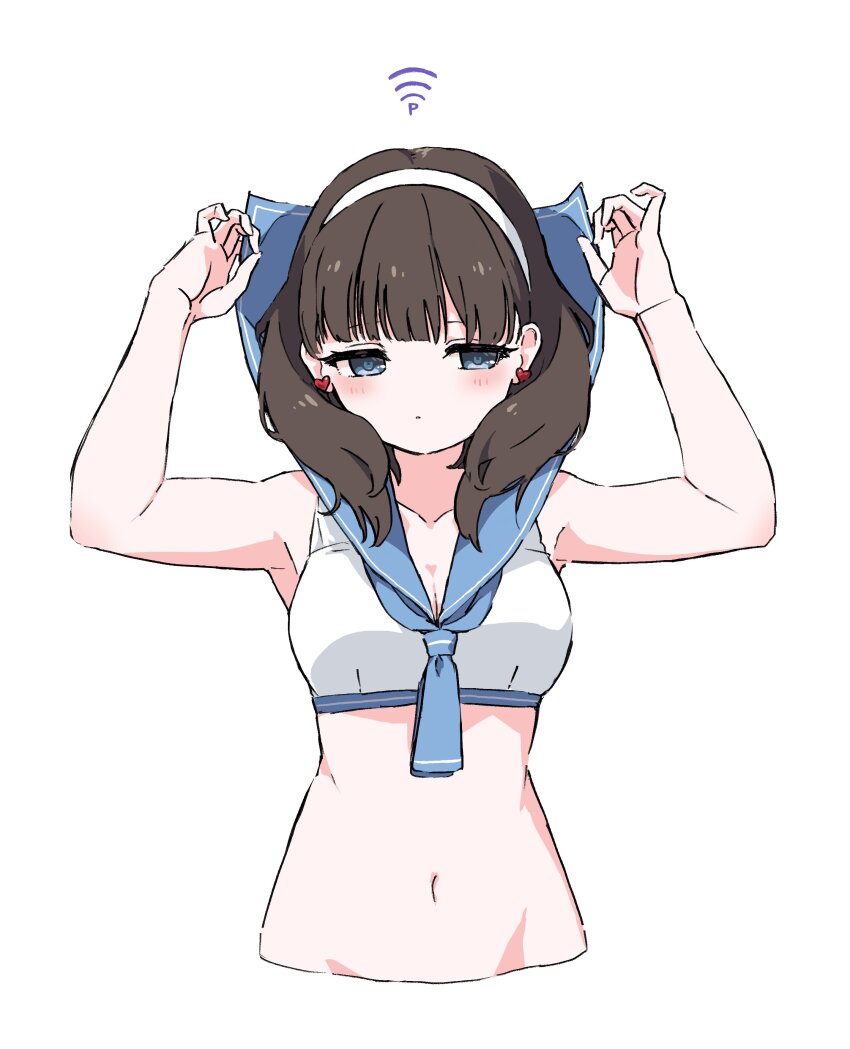 1girl absurdres alternate_costume blush breasts brown_hair cleavage collarbone cropped_torso earrings hairband heart heart_earrings highres idolmaster idolmaster_cinderella_girls jewelry medium_breasts navel pure_556 sailor_bikini sailor_collar sakuma_mayu solo stomach upper_body white_hairband wi-fi_symbol