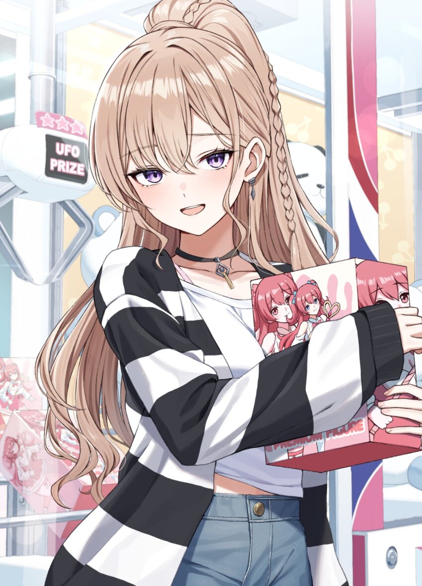 1girl black_choker blush box bra bra_strap braid breasts buttons choker cleavage collarbone commentary_request crane_game denim earrings figure gyaru hair_between_eyes highres jacket jeans jewelry kurousagi_yuu long_hair looking_at_viewer midriff_peek onee_gyaru open_mouth original pants pink_bra ponytail purple_eyes shirt small_breasts smile solo striped_clothes striped_jacket teeth underwear upper_body upper_teeth_only wavy_hair white_shirt