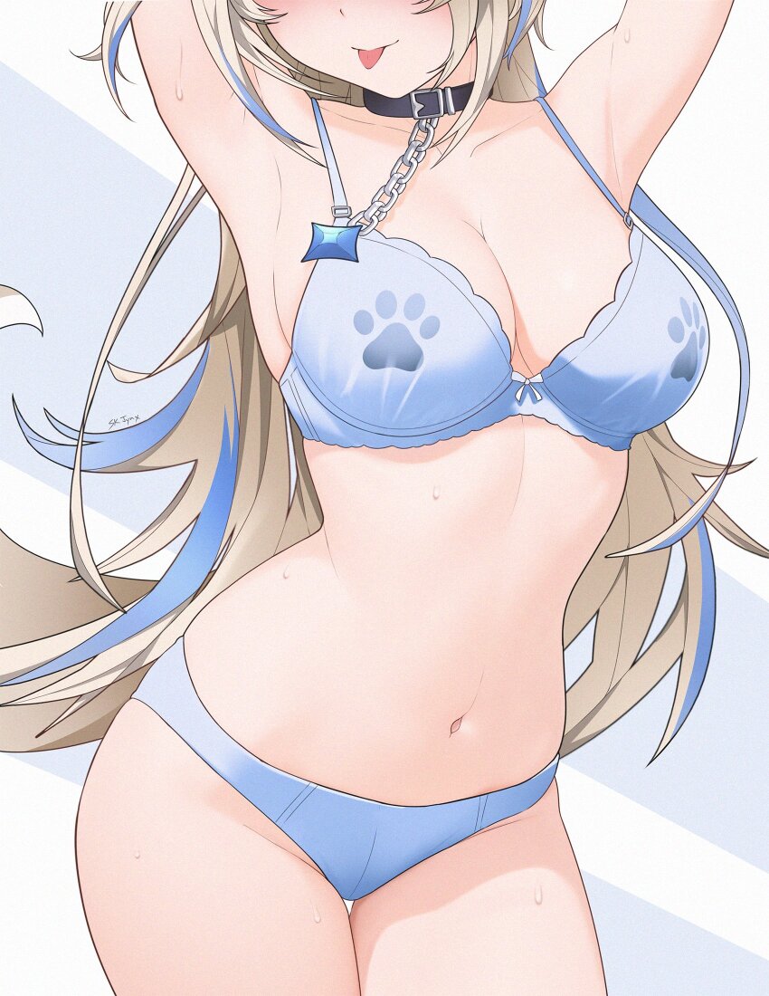 1girl :p armpits arms_up black_collar blonde_hair blue_bra blue_hair blue_panties bra breasts cleavage collar commentary dog_girl dog_tail english_commentary fuwawa_abyssgard head_out_of_frame highres hololive hololive_english large_breasts long_hair multicolored_hair navel panties paw_print sk_jynx solo stomach streaked_hair tail tongue tongue_out underwear underwear_only very_long_hair virtual_youtuber