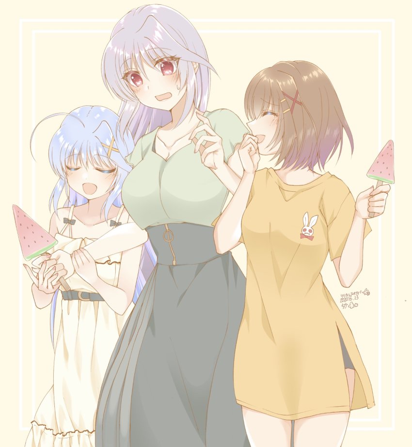 3girls ahoge ameyado_chika artist_name blue_hair blush brown_hair closed_eyes commentary dated dress food frown green_shirt grey_hair grey_skirt hair_ornament hairclip hand_to_own_mouth hat high-waist_skirt highres holding holding_hands holding_unworn_clothes holding_unworn_hat long_hair long_shirt long_skirt lyrical_nanoha mahou_shoujo_lyrical_nanoha mahou_shoujo_lyrical_nanoha_a&#039;s mahou_shoujo_lyrical_nanoha_strikers medium_dress multiple_girls open_mouth orange_dress popsicle red_eyes reinforce reinforce_zwei shirt short_dress short_hair short_sleeves side_slit signature skirt smile spaghetti_strap sweatdrop unworn_hat unworn_headwear watermelon_bar white_dress x_hair_ornament yagami_hayate