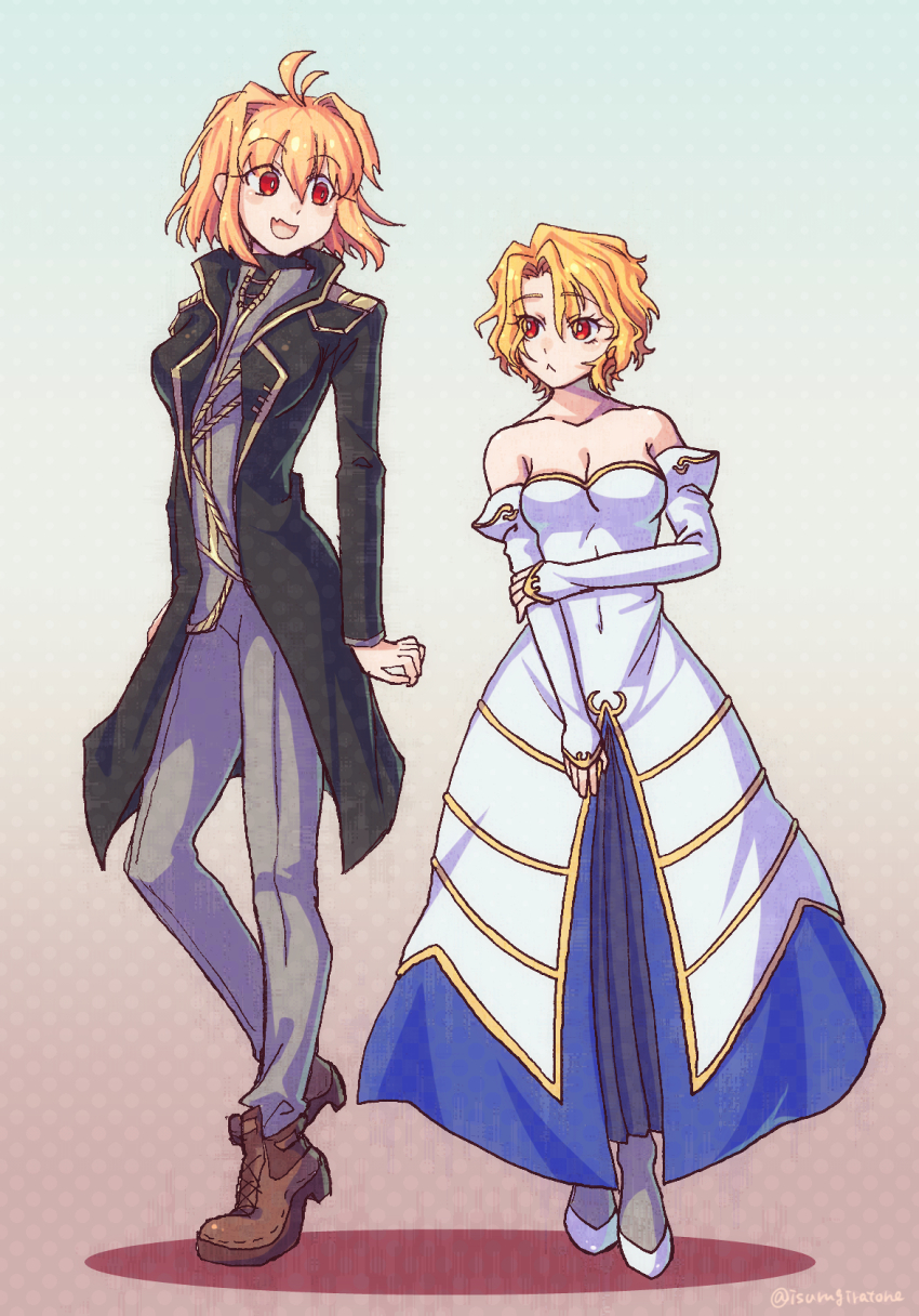 2girls ahoge alternate_costume archetype_earth archetype_earth_(cosplay) arcueid_brunestud bare_shoulders black_jacket blonde_hair boots breasts cleavage collared_shirt cosplay crossover don_quixote_(project_moon) don_quixote_(project_moon)_(cosplay) dress highres isurugiratone jacket limbus_company look-alike medium_breasts melty_blood multiple_girls pants project_moon red_eyes shirt short_hair size_difference smile strapless strapless_dress tsukihime white_dress