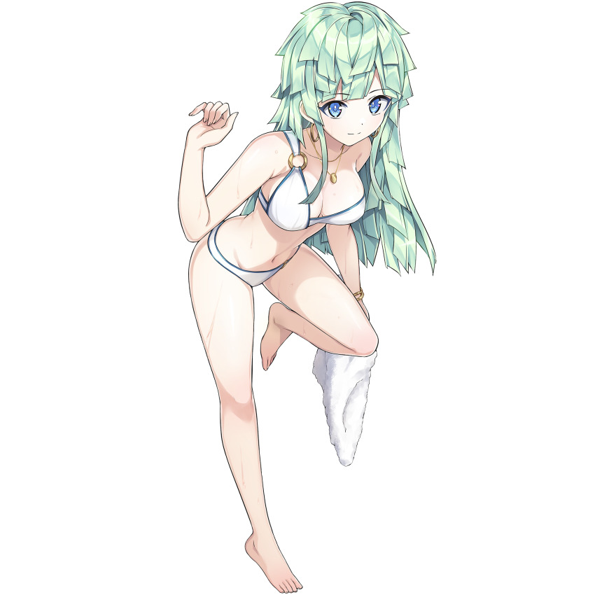 1girl bikini blue_eyes blue_trim breasts cleavage dolphin_wave earrings game_cg green_hair highres holding holding_towel hoop_earrings jewelry kishimen_hair leg_up long_hair looking_at_viewer medium_breasts navel necklace non-web_source o-ring o-ring_bikini official_alternate_costume official_art ootomo_takuji selena_lewis sidelocks single-shoulder_bikini smile solo standing swimsuit towel transparent_background wet white_bikini wiping_body