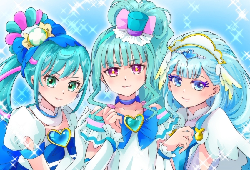 3girls aqua_hair back_bow blue_bow blue_bowtie blue_choker blue_eyes blue_hair bow bowtie brooch capelet choker commentary cure_ange cure_lillian cure_spicy delicious_party_precure dress earrings elbow_gloves feather_hair_ornament feathers fuwa_kokone gloves green_eyes hair_ornament half_gloves hand_on_another&#039;s_shoulder hat heart heart_brooch huge_bow hugtto!_precure in-franchise_crossover jewelry long_hair looking_at_viewer magical_girl manekineko5319 mini_hat mini_top_hat multicolored_hair multiple_girls nekoyashiki_mayu off-shoulder_dress off_shoulder precure puffy_short_sleeves puffy_sleeves purple_eyes rope short_sleeves side-by-side side_ponytail streaked_hair tiara top_hat two-tone_hair white_capelet white_gloves wonderful_precure! wrist_cuffs yakushiji_saaya