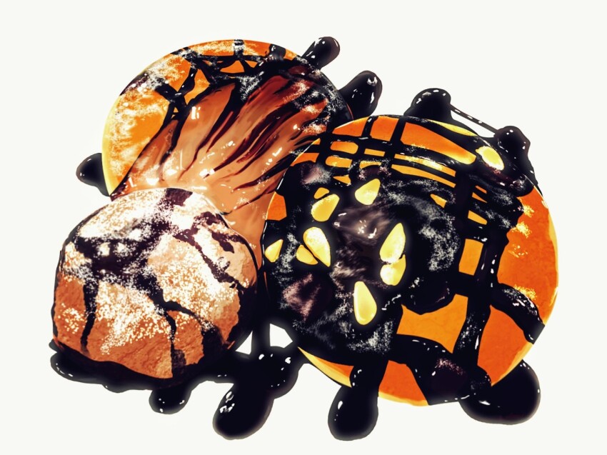 chocolate_syrup commentary_request food food_focus frying-ammonite no_humans original pancake powdered_sugar simple_background white_background