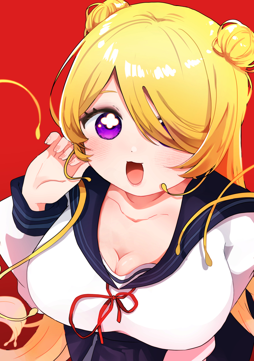 1girl :3 absurdres black_sailor_collar black_skirt blonde_hair blush breasts cleavage cmyk:_sameda_kazuou_wa_chuunibyou_ga_naosenai cowboy_shot cross-shaped_pupils double_bun hair_bun hair_over_one_eye hand_up highres large_breasts long_hair long_sleeves looking_at_viewer neck_ribbon one_eye_covered open_mouth oyasumi_makura purple_eyes red_background red_ribbon ribbon sailor_collar school_uniform serafuku shirt side_up_bun simple_background skirt smile solo symbol-shaped_pupils tasogare_kiiro textless_version very_long_hair white_shirt