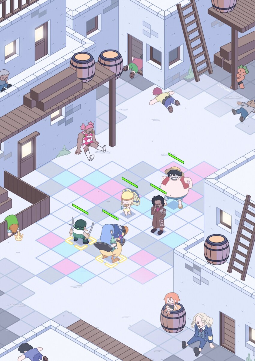 4girls 6+boys absurdres barrel bird black_hair blue_hair boots chibi commentary dark-skinned_female dark-skinned_male dark_skin duck fainted hat highres holding holding_sword holding_umbrella holding_weapon igaram karoo_(one_piece) knockout long_coat long_hair lv5plant miss_monday miss_valentine mister_five_(one_piece) monkey_d._luffy multiple_boys multiple_girls nami_(one_piece) nami_(one_piece)_(whisky_peak) nefertari_vivi one_piece pink_hair straw_hat sword umbrella weapon weapon_in_mouth white_boots