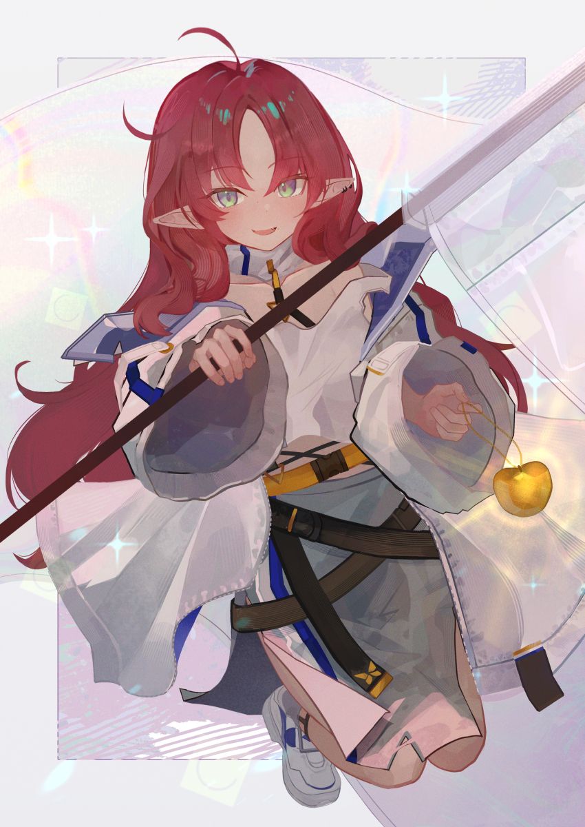 1girl absurdres ahoge apple arknights blush border commentary commentary_request english_commentary flag food fruit full_body golden_apple grey_background grey_skirt highres holding holding_flag jacket kira_guil long_hair looking_at_viewer mixed-language_commentary myrtle_(arknights) partial_commentary pointy_ears red_hair shirt shoes simple_background skirt sleeves_past_wrists smile sneakers solo sparkle white_background white_flag white_jacket white_shirt white_shoes