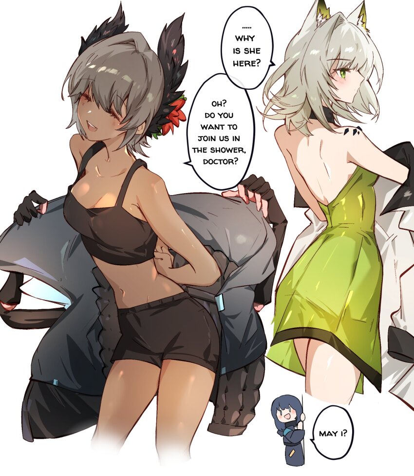3girls animal_ears arknights arya_melati black_coat black_shorts black_tank_top blue_hair breasts cat_ears cat_girl cleavage closed_eyes coat commentary dark-skinned_female dark_skin doctor_(arknights) dress english_commentary extra_hands feather_hair female_doctor_(arknights) green_dress green_eyes grey_hair highres kal&#039;tsit_(arknights) material_growth medium_breasts midriff multiple_girls navel oripathy_lesion_(arknights) raidian_(arknights) short_hair shorts simple_background speech_bubble tank_top white_background white_coat