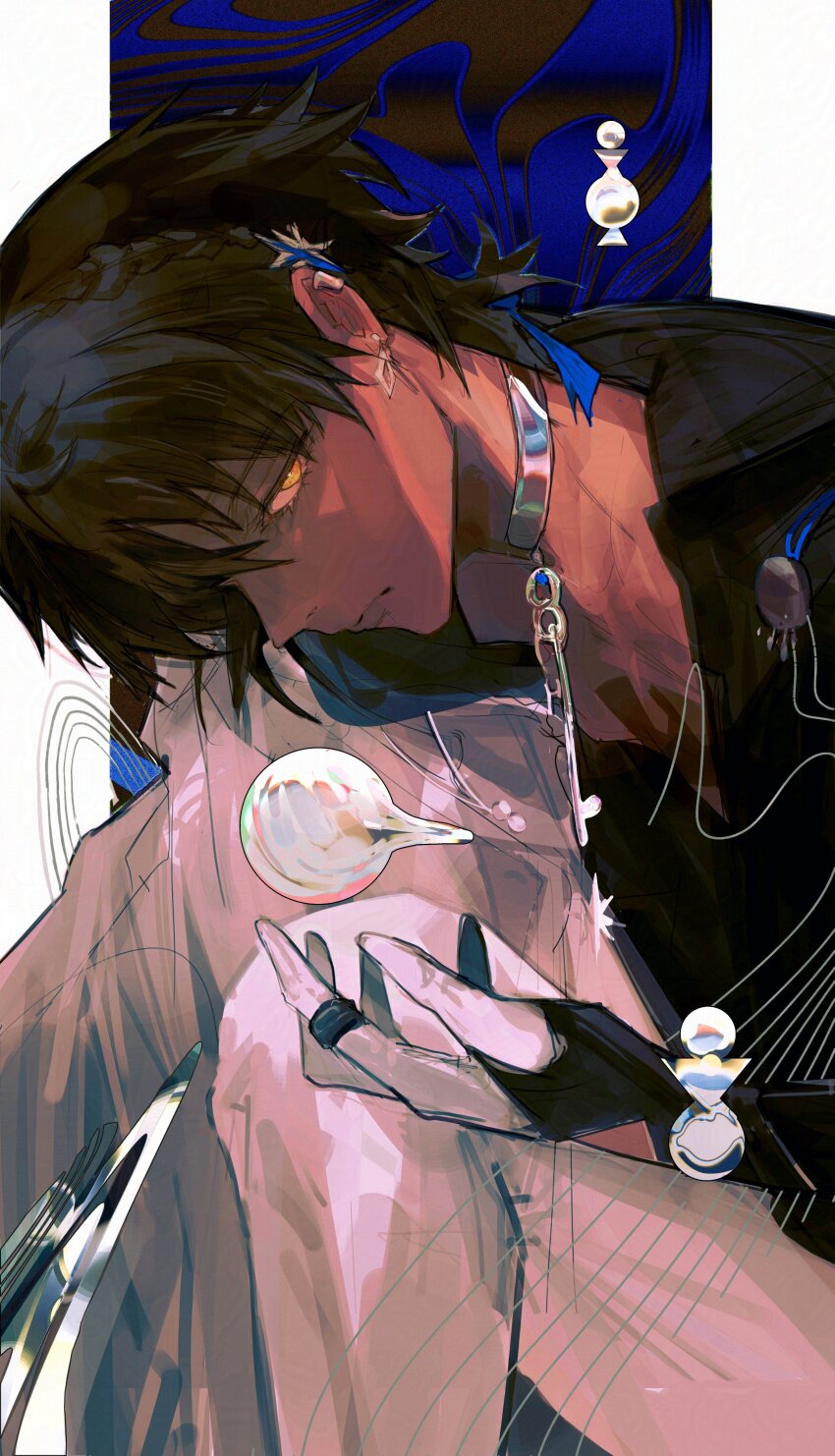 1boy absurdres arknights black_hair black_shirt blue_background border commentary dark-skinned_male dark_skin earrings english_commentary flask frown hand_up highres jacket jewelry knee_up looking_at_viewer male_focus off_shoulder pants shirt solo tamago_nashi thorns_(arknights) thorns_the_lodestar_(arknights) white_background white_jacket white_pants yellow_eyes