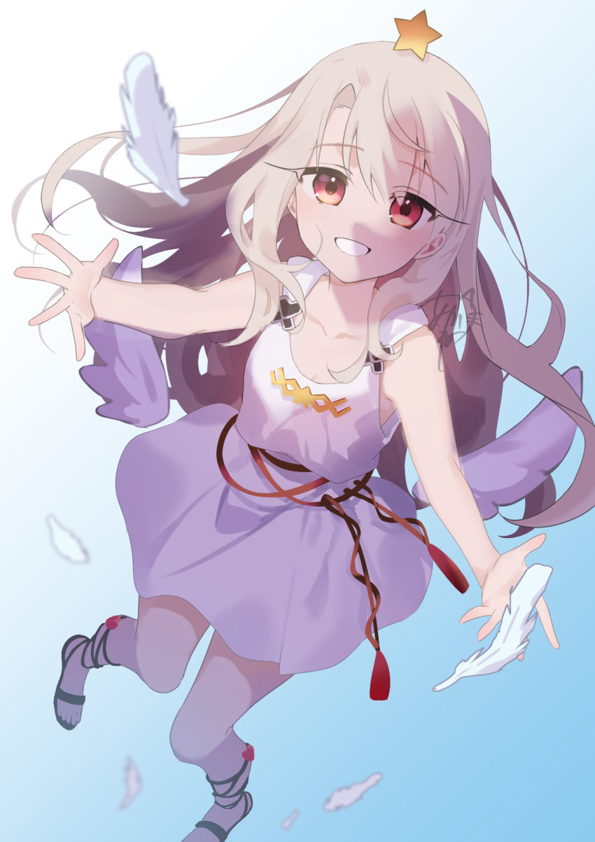 1girl akaneko016 angel_wings bare_shoulders blush breasts caren_hortensia caren_hortensia_(amor_caren) caren_hortensia_(amor_caren)_(cosplay) caren_hortensia_(amor_caren)_(first_ascension) cosplay dress fate/grand_order fate_(series) feathers grin highres illyasviel_von_einzbern long_hair looking_at_viewer red_eyes small_breasts smile solo star_(symbol) white_dress white_hair wings