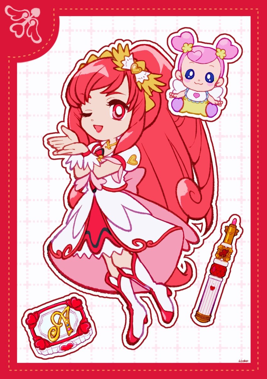 2girls ai-chan_(dokidoki!_precure) baby back_bow boots border bow cosmetics cure_ace curly_hair deformed dokidoki!_precure dot_nose dotted_line dress eyelashes frilled_dress frills full_body grid_background hair_bow hair_ornament hairband happy heart heart_hair_ornament heart_print high_heel_boots high_heels highres knee_boots lace-trimmed_hairband lace_trim layered_dress lipstick lipstick_tube long_hair looking_at_viewer madoka_aguri magical_girl makeup makeup_palette medium_dress multiple_girls one_eye_closed open_mouth outline outstretched_hand own_hands_together pink_bow ponytail precure puffy_short_sleeves puffy_sleeves red_border red_dress red_eyes red_hair red_lips short_sleeves signature smile tareme uwded_207 very_long_hair white_background white_boots white_dress white_outline yellow_bow yellow_hairband