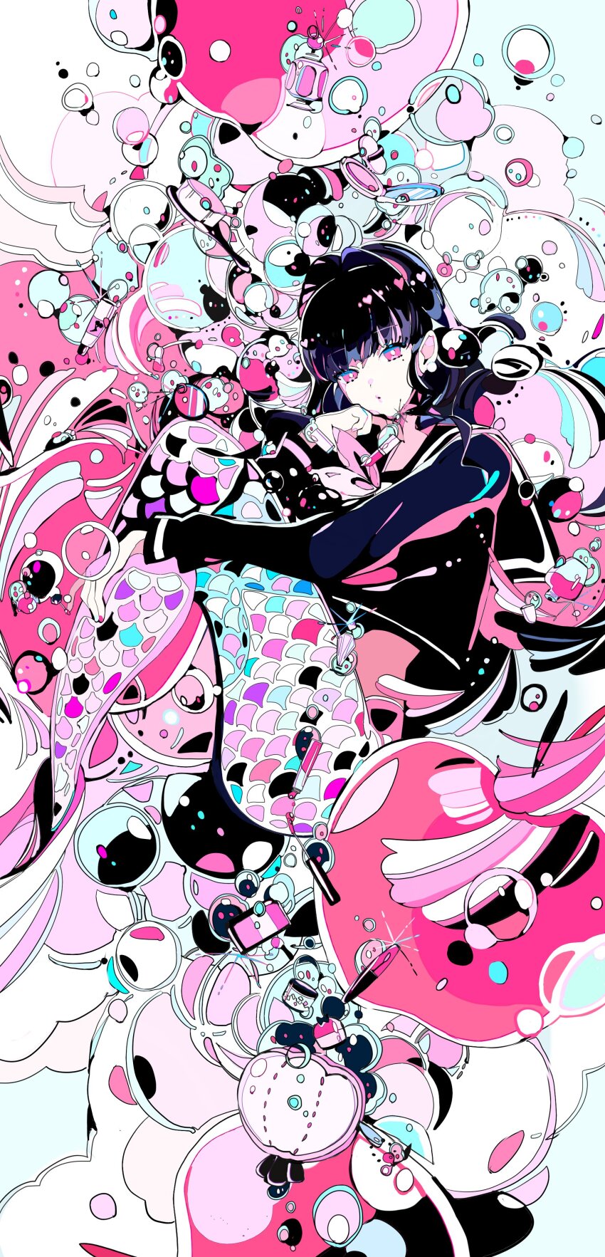 1girl :o absurdly_detailed_composition absurdres air_bubble black_hair black_shirt bottle bubble colored_skin cosmetics floating floating_object full_body hair_brush hand_on_own_cheek hand_on_own_face head_rest heart highres looking_at_viewer makeup_brush mermaid mirror monster_girl multicolored_skin n79oqc3yja6jlof nail_polish_bottle original patterned perfume_bottle pink_background pink_eyes sailor_collar sailor_shirt scales shirt short_hair smoke solo