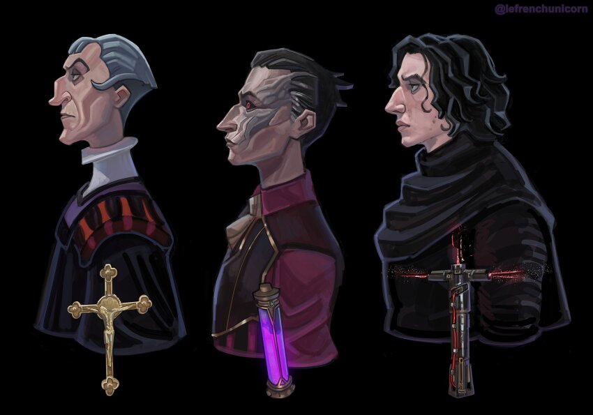 3boys arcane:_league_of_legends ascot black_background black_hair black_robe black_sclera black_vest claude_frollo_(disney) closed_mouth collared_shirt colored_sclera cropped_torso cross energy_sword french-unicorn gold_trim grey_hair hair_slicked_back highres kylo_ren league_of_legends lightsaber male_focus multiple_boys parted_bangs profile red_eyes red_lightsaber red_shirt robe scar scar_on_face shirt short_hair silco_(arcane) star_wars star_wars:_the_force_awakens sword the_hunchback_of_notre_dame_(disney) twitter_username upper_body vest vial wavy_hair weapon white_ascot white_hair