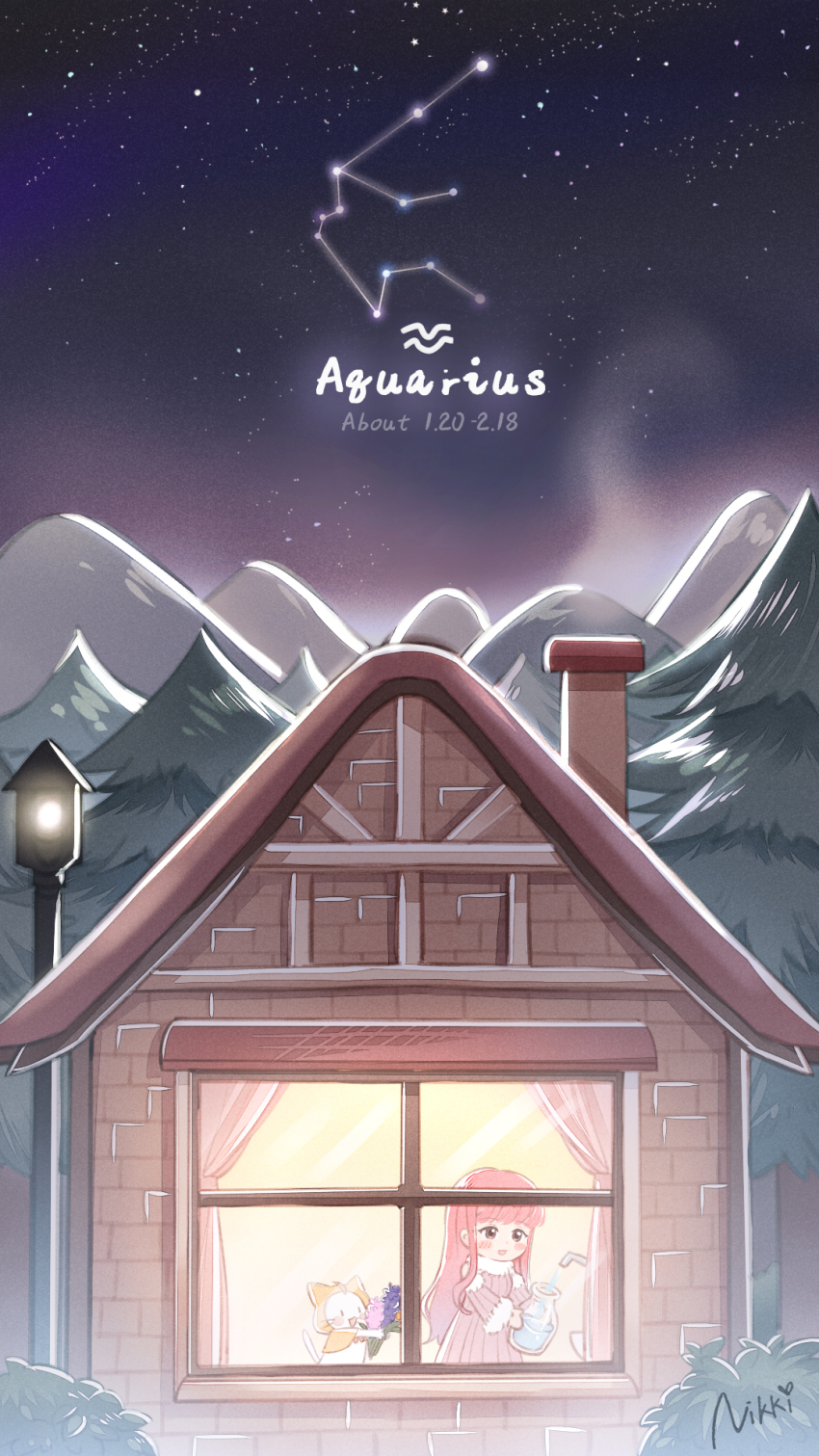 1girl aquarius_(constellation) aquarius_(symbol) aquarius_(zodiac) blush bouquet brick_wall brown_eyes bush cat chimney commentary constellation copyright_name curtains dated dated_commentary dress english_commentary flower from_outside highres holding holding_bouquet house lamppost long_hair miracle_nikki momo_(nikki) mountainous_horizon night night_sky nikki_(nikki) nikki_(series) official_art outdoors pink_dress pink_hair shining_nikki sink sky snow star_(sky) starry_sky tree vase water yellow_cloak zodiac
