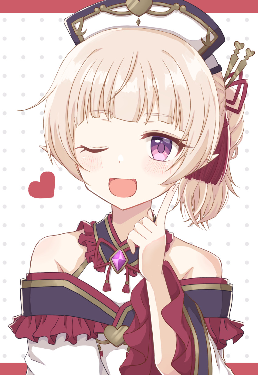 1boy bare_shoulders blonde_hair blush dress finger_on_cheek finger_to_cheek finger_to_face gem hair_ornament hairpin heart highres japanese_clothes multiple_hairpins off-shoulder_dress off_shoulder one_eye_closed open_mouth pointy_ears ponytail princess_connect! purple_eyes purple_gemstone pypy707 smile tassel trap upper_body wide_sleeves yuki_(oedo)_(princess_connect!) yuki_(princess_connect!)