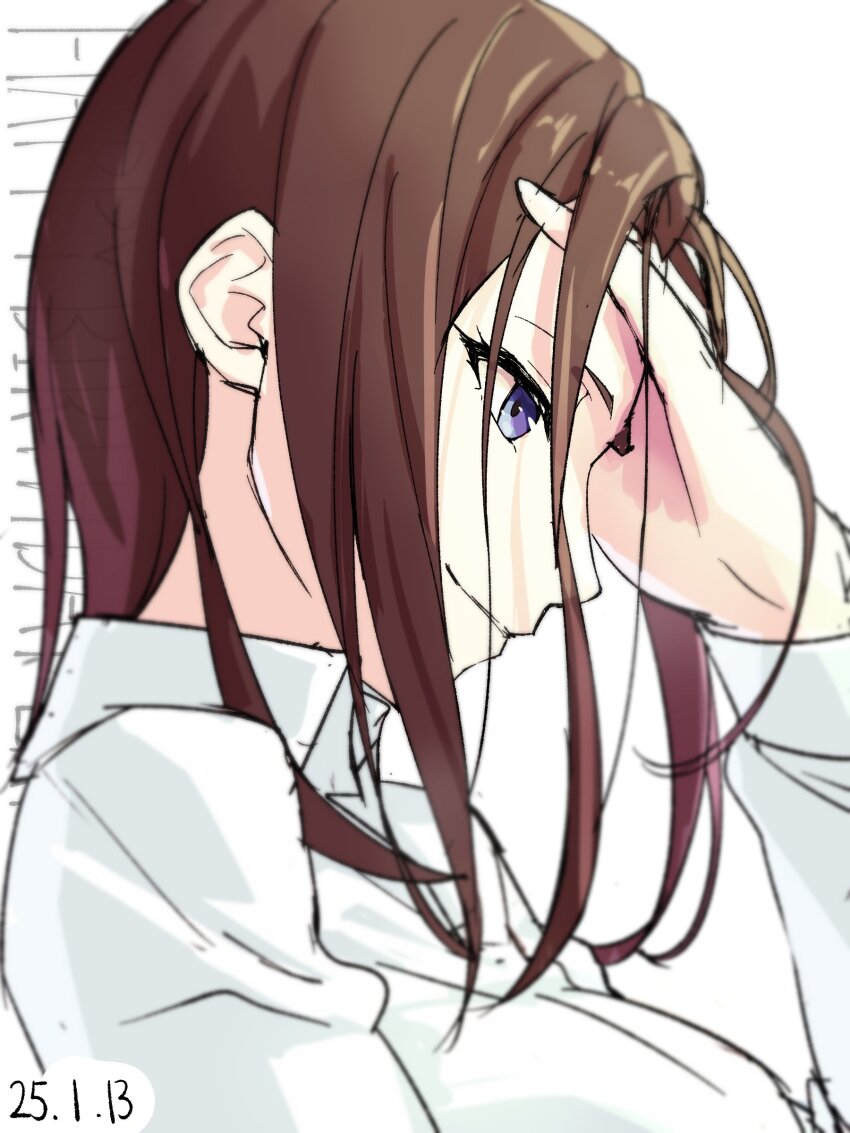 1girl absurdres bang_dream! black_hair brown_hair commentary happy_birthday highres long_hair long_sleeves looking_at_viewer nobusawa_osamu shirt simple_background smile solo wakana_rei white_background white_shirt