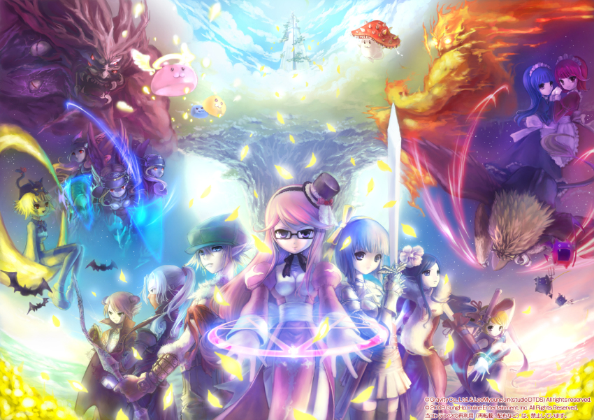 3boys 6+girls alice_(ragnarok_online) aliza_(ragnarok_online) angeling animal animal_around_neck animal_on_head armband armor assassin_cross_(ragnarok_online) bat_(animal) black_cat black_hair black_hairband black_hat black_shirt black_thighhighs blonde_hair blue_eyes blue_hair blunt_bangs boobplate bow_(weapon) breastplate breasts brown_eyes capelet cat cat_on_head champion_(ragnarok_online) cleavage closed_mouth coat cowboy_shot creature cross detached_sleeves deviruchi dress drops_(ragnarok_online) flower fox garter_straps green_hat griffin gryphon_(ragnarok_online) hair_flower hair_ornament hairband hat hexagram high_priest_(ragnarok_online) high_wizard_(ragnarok_online) highres holding holding_bow_(weapon) holding_sword holding_weapon horns ifrit_(ragnarok_online) juliet_sleeves jumping large_breasts loli_ruri long_hair long_sleeves looking_afar looking_at_viewer lord_knight_(ragnarok_online) magic maid marin_(ragnarok_online) mask medium_breasts mini_demon mini_hat mini_top_hat miniskirt mouth_mask multiple_boys multiple_girls mushroom ninja_mask norapeko on_crescent on_head open_mouth pauldrons pink_dress pink_flower pink_hair pink_skirt pointy_ears professor_(ragnarok_online) puffy_sleeves purple_eyes purple_horns ragnarok_online red_capelet red_coat red_dress red_eyes red_hair red_shirt red_sleeves sash satan_morroc shirt short_hair shoulder_armor skirt sleeveless sleeveless_coat sleeveless_dress smile sniper_(ragnarok_online) spore_(ragnarok_online) striped_sleeves swept_bangs sword thighhighs third-party_source top_hat two-tone_dress valkyrie valkyrie_randgris weapon white_dress white_hair white_sash white_shirt white_sleeves