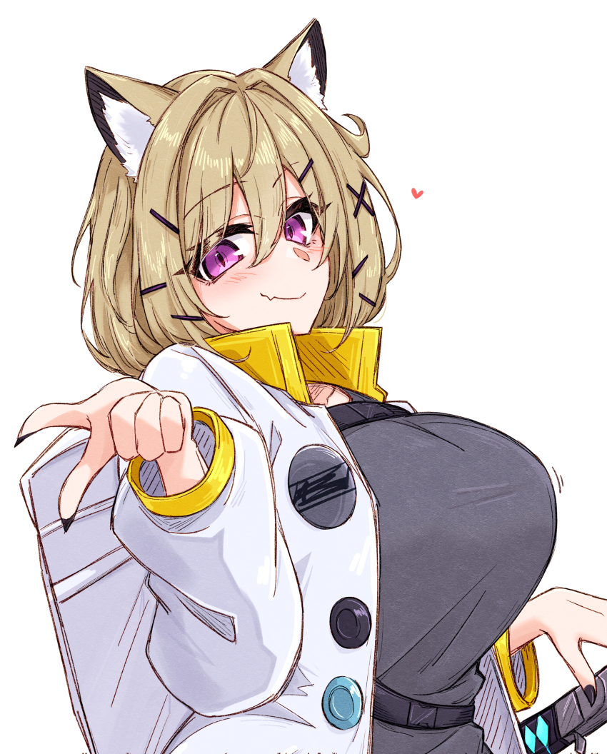 1girl absurdres animal_ear_fluff animal_ears arknights black_nails blonde_hair blush breasts closed_mouth corrupted_twitter_file fingernails framed_breasts grey_jacket hair_between_eyes hair_ornament hairclip heart highres jacket large_breasts long_sleeves looking_at_viewer maiq06 open_clothes open_jacket pointing pointing_at_viewer purple_eyes sharp_fingernails short_hair simple_background smile solo upper_body utage_(arknights) white_background x_hair_ornament