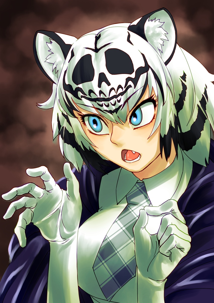 1girl absurdres animal_ear_fluff animal_ears black_hair blue_eyes breasts brown_background byackopath_(artist) collared_shirt commentary_request cosplay elbow_gloves fang gloves grey_necktie highres jaguarman_series kemono_friends large_breasts looking_afar looking_to_the_side lower_teeth_only necktie open_mouth plaid_clothes plaid_necktie purple_robe robe shirt short_hair skull_servant skull_servant_(cosplay) solo teeth tiger_ears tiger_girl upper_body white_gloves white_hair white_shirt white_tiger_(kemono_friends) white_tiger_print yu-gi-oh!