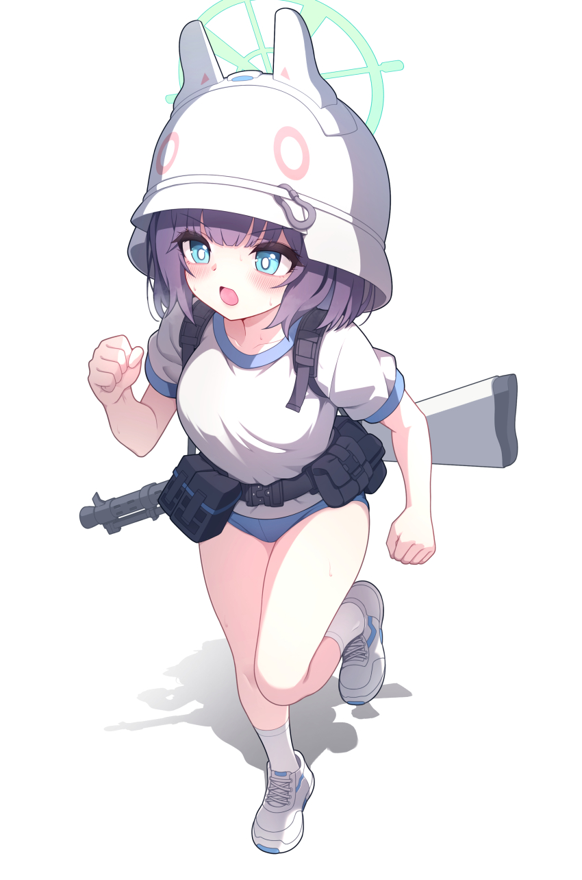 1girl absurdres blue_archive blue_buruma blue_eyes blush bright_pupils buruma clenched_hands collarbone commentary full_body fuyu_no_usagi green_halo gun halo helmet highres open_mouth running saki_(blue_archive) shirt shoes short_sleeves simple_background sneakers socks solo sweat weapon white_background white_helmet white_pupils white_shirt white_shoes white_socks