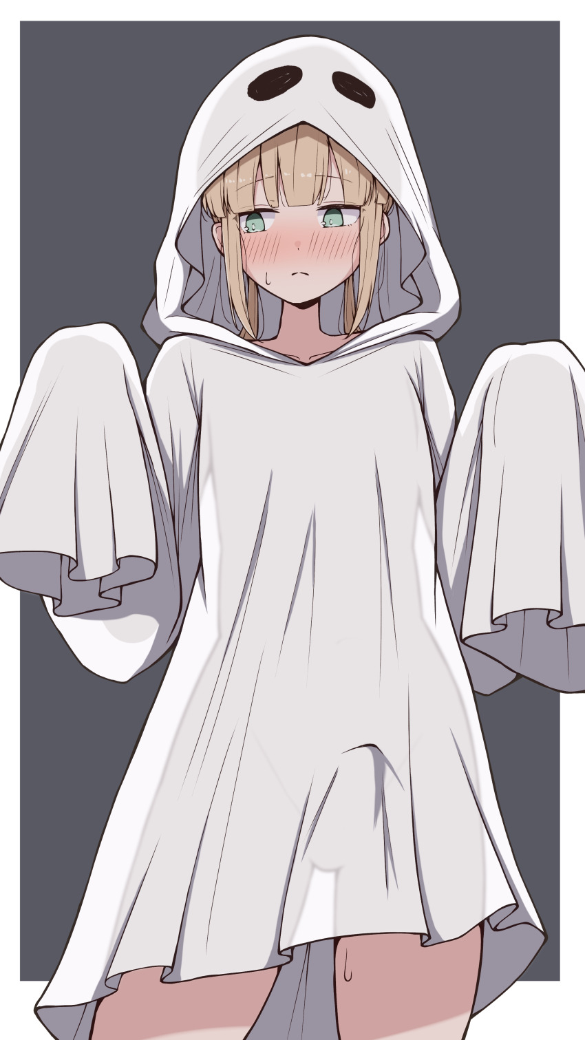 1boy absurdres alternate_costume androgynous averting_eyes azuki_(ne_4zk) blonde_hair blunt_ends blush border bright_pupils bulge captain_nemo_(fate) choppy_bangs closed_mouth collarbone commentary_request cowboy_shot embarrassed fate/grand_order fate_(series) ghost_costume green_eyes grey_background groin halloween halloween_costume hands_up highres hood hood_up light_frown long_sidelocks medium_hair naked_costume nemo_(fate) nervous_sweating see-through_clothes sheet_ghost sidelocks sleeves_past_fingers sleeves_past_wrists solo standing sweat white_border white_pupils