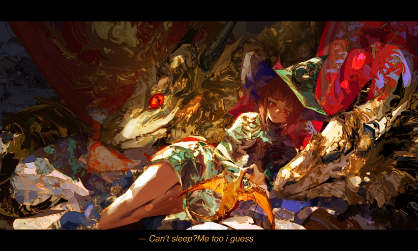 1girl absurdres brown_hair colorful commentary dark_skin dragon english_commentary hat highres kevin_adi lying on_side original red_eyes scales wizard_hat