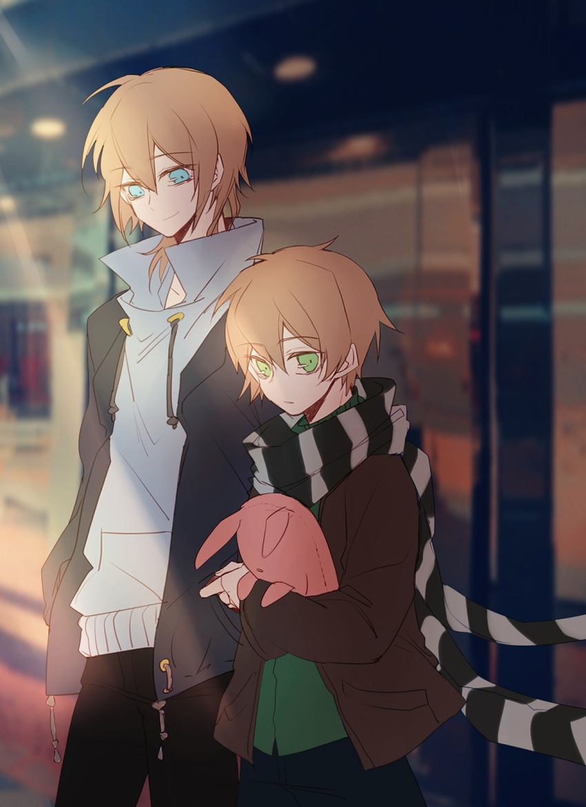 2boys 779762391_(lofter) age_switch aged_down aged_up ahoge alternate_height black_jacket black_pants black_scarf blue_eyes brothers brown_hair brown_jacket chinese_commentary closed_mouth commentary_request cowboy_shot creepypasta double-parted_bangs drawstring fingernails green_eyes green_sweater hair_between_eyes hand_in_pocket height_difference height_switch highres holding holding_stuffed_toy homicidal_liu hood hood_down hoodie indoors jacket jeff_the_killer looking_at_another looking_at_viewer male_focus multiple_boys open_clothes open_jacket pants personality_switch photo_background scarf short_hair siblings smile striped_clothes striped_scarf stuffed_animal stuffed_rabbit stuffed_toy sweater turtleneck turtleneck_sweater two-tone_scarf vertical-striped_clothes vertical-striped_scarf white_hoodie white_scarf