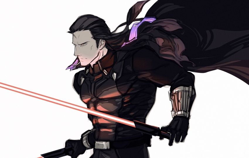1boy absurdres black_bodysuit black_cape black_hair bodysuit cape energy_sword fate/grand_order fate_(series) highres holding holding_sword holding_weapon lightsaber long_hair male_focus nikola_tesla_(fate) profile red_lightsaber simple_background sith star_wars sword upper_body viscontiapclyps weapon white_background yellow_eyes