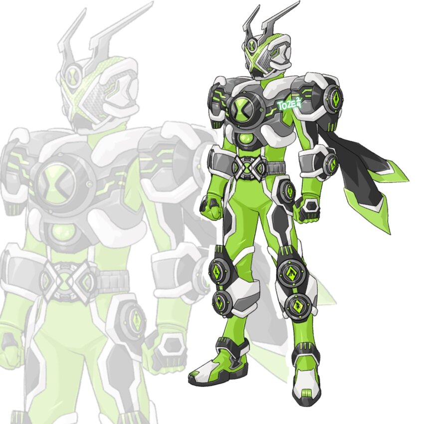1boy alien armor artist_name belt ben_10 ben_10:_alien_force ben_10:_omniverse ben_10:_ultimate_alien ben_tennyson black_armor black_scarf bodysuit breastplate compound_eyes diamondhead four_arms_(ben_10) full_body ghostfreak gray_matter green_bodysuit green_scarf heatblast helmet highres kamen_rider omnitrix rider_belt ripjaw scarf shoulder_armor solo standing stinkfly to_ze tokusatsu upgrade_(ben_10) wildmutt xlr8