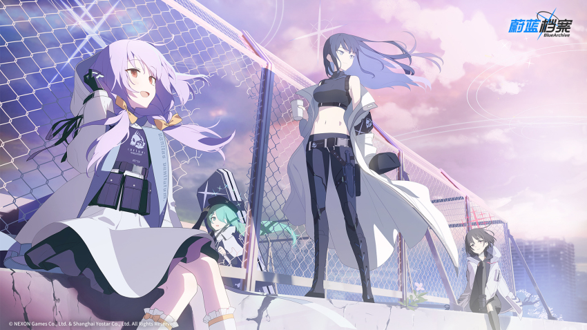 4girls akinashi_yuu arius_squad_(blue_archive) atsuko_(blue_archive) bare_shoulders black_gloves black_hair black_hat blue_archive blue_hair bow closed_mouth coat cup dark_blue_hair earrings floating_hair gloves green_eyes green_hair hair_bow hair_over_one_eye hat highres hiyori_(blue_archive) holding holding_cup holding_unworn_clothes holding_unworn_hat jewelry long_hair long_sleeves looking_ahead misaki_(blue_archive) multiple_girls navel official_art open_clothes open_coat open_mouth outdoors pants purple_hair red_eyes short_hair sitting skirt smile socks standing stomach stud_earrings unworn_hat unworn_headwear white_skirt white_socks yellow_bow