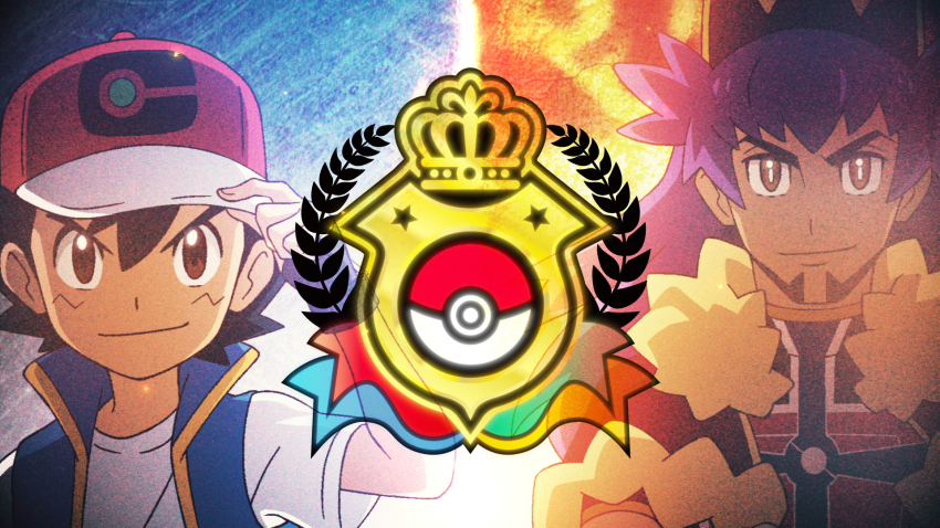 2boys artist_request ash_ketchum baseball_cap black_hair blue_vest bright_pupils brown_eyes champion_uniform closed_mouth creatures_(company) dark-skinned_male dark_skin facial_hair game_freak hand_on_headwear hat highres leon_(pokemon) long_hair male_focus multiple_boys nintendo official_art open_clothes open_vest poke_ball_symbol pokemon pokemon_(anime) pokemon_journeys purple_hair red_hat second-party_source shirt short_hair short_sleeves smile solo t-shirt v-shaped_eyebrows vest white_pupils white_shirt