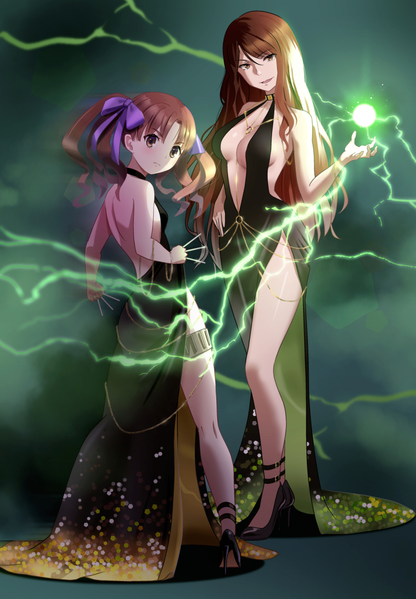 2girls alternate_costume backless_dress backless_outfit bb_(fate) bb_dubai_(fate) bb_dubai_(fate)_(cosplay) belly_chain black_dress black_footwear blackminolith_(2ne) bow breasts brown_eyes brown_hair center_opening cocktail_dress commentary commission cosplay dress energy_ball english_commentary gradient_clothes gradient_dress grey_background hand_on_own_hip high_heels highres holding holding_needle holster jewelry long_hair looking_at_viewer looking_back medium_breasts mugino_shizuri multiple_girls necklace needle pixiv_commission psychic purple_bow shirai_kuroko side_slit simple_background small_breasts smile thigh_holster throwing_needles toaru_kagaku_no_railgun toaru_majutsu_no_index twintails