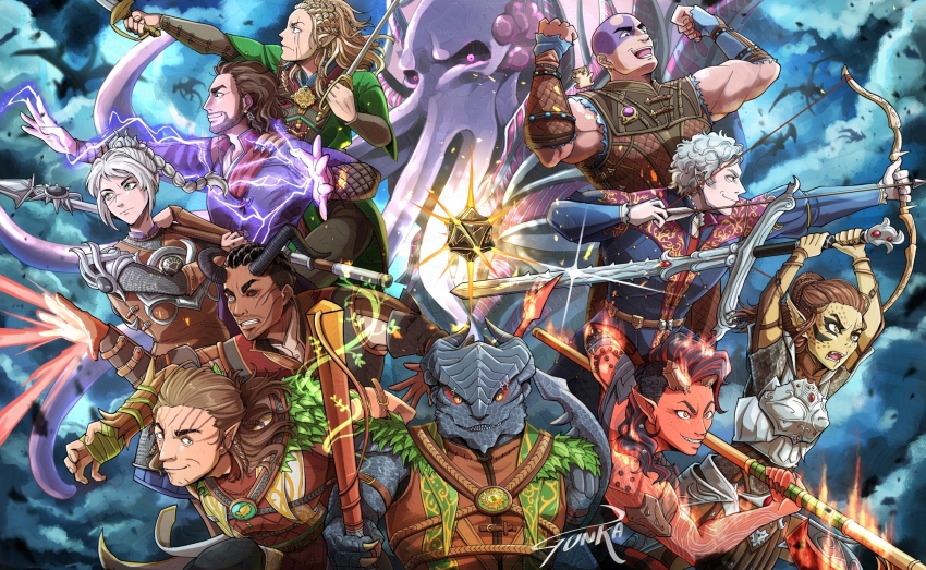 4girls 6+boys aiming armor arrow_(projectile) astarion bald baldur&#039;s_gate baldur&#039;s_gate_3 black_hair blonde_hair boo_(baldur&#039;s_gate) bow_(weapon) braid brown_hair cloud colored_sclera colored_skin dark-skinned_male dark_skin dragon dragonborn_(d&amp;d) dungeons_&amp;_dragons dungeons_&amp;_dragons earrings elf everyone facial_hair gale_(baldur&#039;s_gate) gith_(d&amp;d) gunka_(maggot0111) halsin hamster heterochromia highres holding holding_bow_(weapon) holding_sword holding_weapon horns jaheira jewelry karlach lae&#039;zel magic mindflayer minsc multiple_boys multiple_girls open_mouth pointy_ears red_skin reptile_boy scar scar_on_face smile sword tiefling weapon white_hair wyll_(baldur&#039;s_gate) yellow_sclera