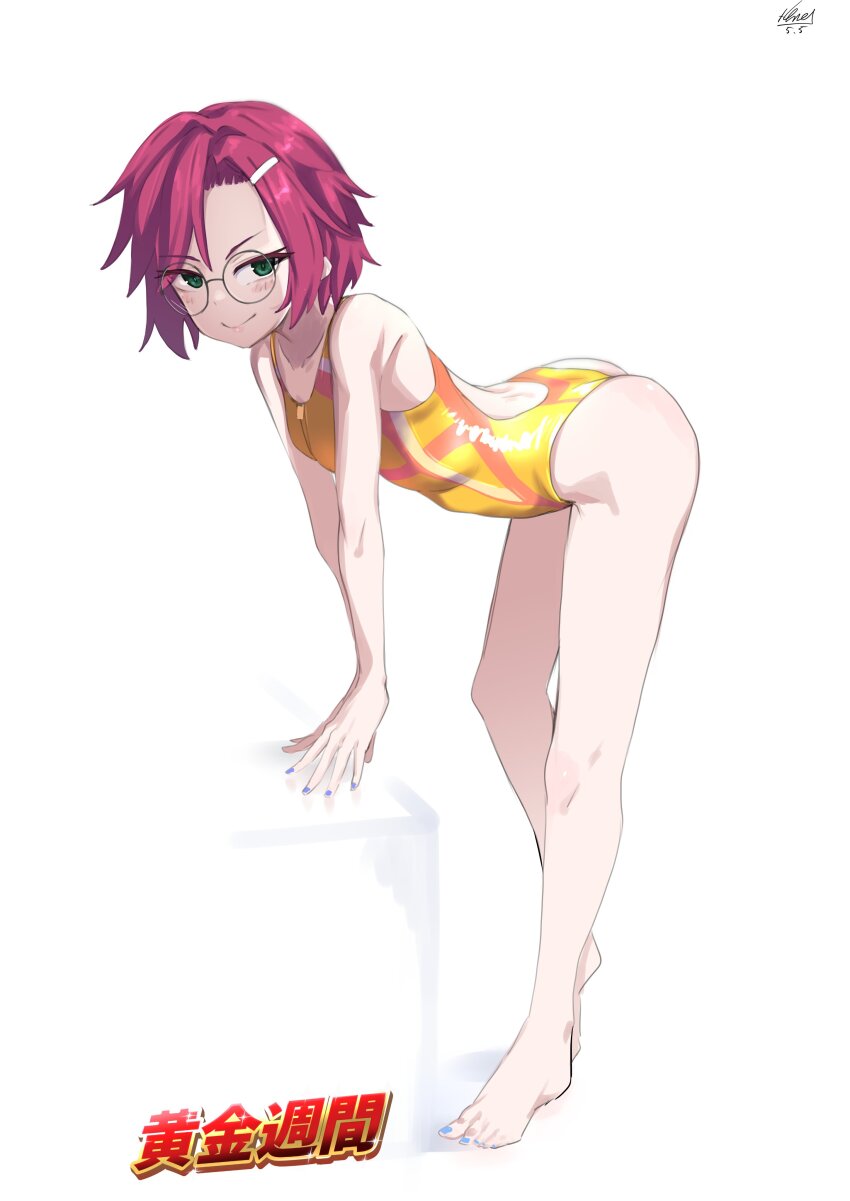 1girl absurdres alice_gear_aegis barefoot emma_ashfield glasses gold_one-piece_swimsuit green_eyes highres nail_polish one-piece_swimsuit red_hair short_hair swimsuit x4mel