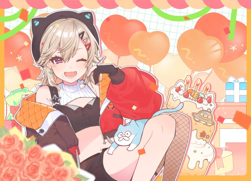 1girl animal_hat birthday_cake black_gloves black_hat black_shorts blonde_hair blush cake cat cat_hat crop_top earrings facial_mark fishnet_thighhighs fishnets flower food fork gloves hair_ornament hairclip hat highres holding holding_fork jacket jewelry komori_met komori_met_(5th_costume) looking_at_viewer navel odo_ruika one_eye_closed open_clothes open_jacket open_mouth partially_fingerless_gloves purple_eyes shorts single_thighhigh solo teeth thighhighs virtual_youtuber vspo!