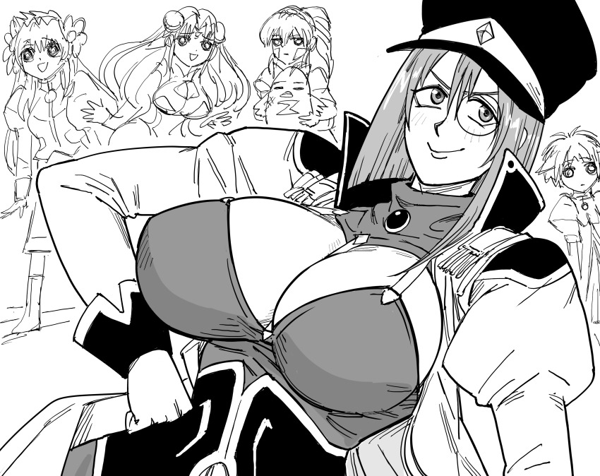 5girls absurdres bb_(baalbuddy) breasts cleavage forte_stollen galaxy_angel greyscale highres looking_at_viewer milfeulle_sakuraba mint_blancmanche monochrome monocle multiple_girls narrow_waist normad ranpha_franboise smile solo_focus vanilla_h