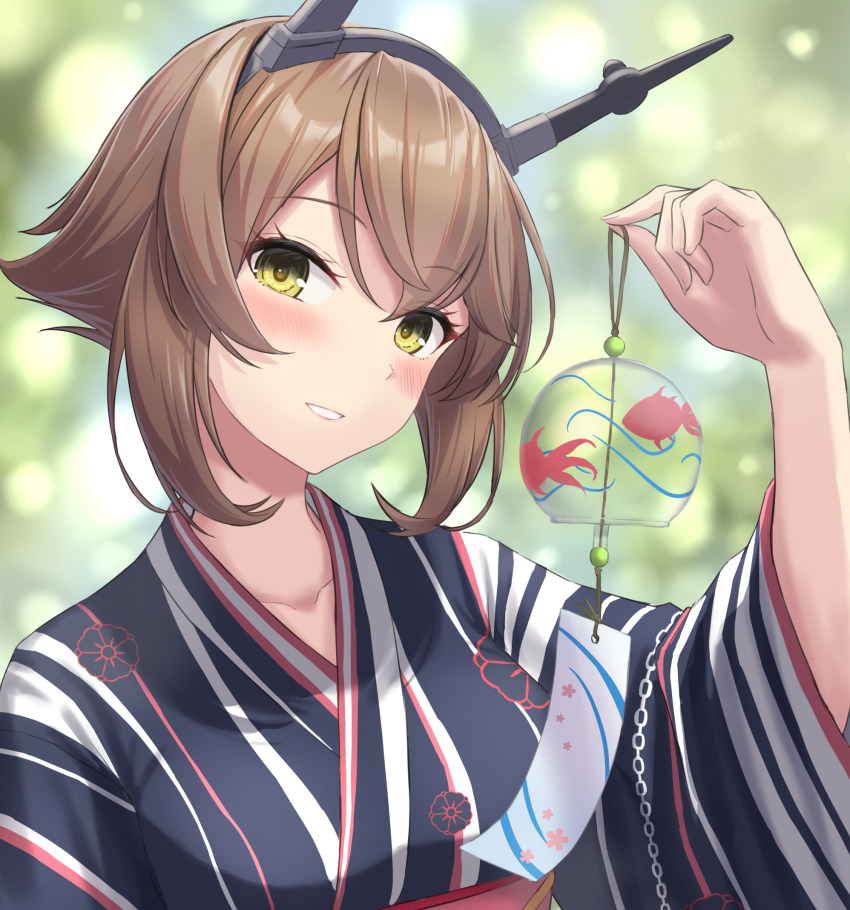 1girl black_kimono blush brown_hair green_eyes headgear highres japanese_clothes kantai_collection kimono long_sleeves monoku mutsu_(kancolle) obi official_alternate_costume open_mouth sash short_hair smile solo upper_body wide_sleeves