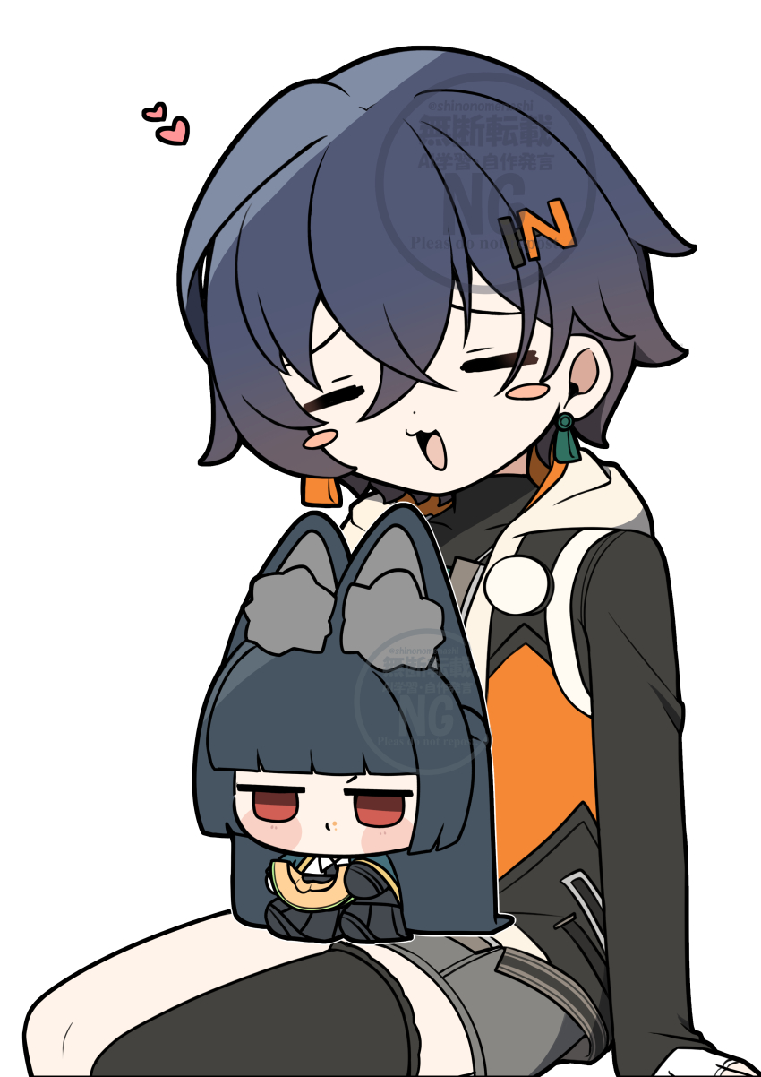 2girls absurdly_long_hair absurdres animal_ear_fluff animal_ears aqua_capelet belle_(zenless_zone_zero) black_gloves black_hair black_necktie black_shirt black_skirt black_thighhighs blue_hair blunt_bangs blunt_ends blush_stickers chibi closed_eyes commentary_request eating food food_on_face fruit gloves heart highres hime_cut holding holding_food hood hooded_jacket hoshimi_miyabi jacket jitome long-eared_miyabi_(meme) long_hair long_sleeves melon meme multiple_girls necktie orange_jacket shinonome_nashi shirt short_hair simple_background single_thighhigh sitting skirt sleeveless sleeveless_jacket thighhighs turtleneck very_long_ears very_long_hair watermark white_background white_shirt zenless_zone_zero